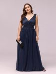 Double V Neck Maxi Long Plus Size Sparkly Evening Dresses for Party – Navy Blue