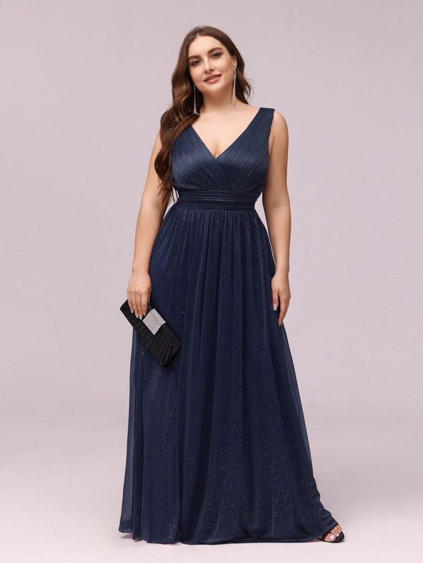 Double V Neck Maxi Long Plus Size Sparkly Evening Dresses for Party - Navy Blue