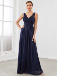 Double V Neck Floor Length Sparkly Evening Dresses for Party - Navy Blue