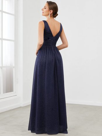 Double V Neck Floor Length Sparkly Evening Dresses for Party - Navy Blue