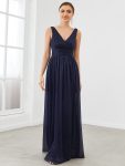 Double V Neck Floor Length Sparkly Evening Dresses for Party – Navy Blue