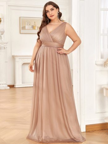 Double V Neck Maxi Long Plus Size Sparkly Evening Dresses for Party - Rose Gold