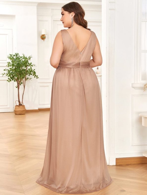 Double V Neck Maxi Long Plus Size Sparkly Evening Dresses for Party - Rose Gold