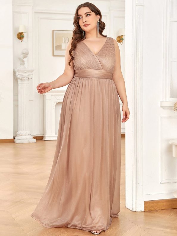 Double V Neck Maxi Long Plus Size Sparkly Evening Dresses for Party - Rose Gold