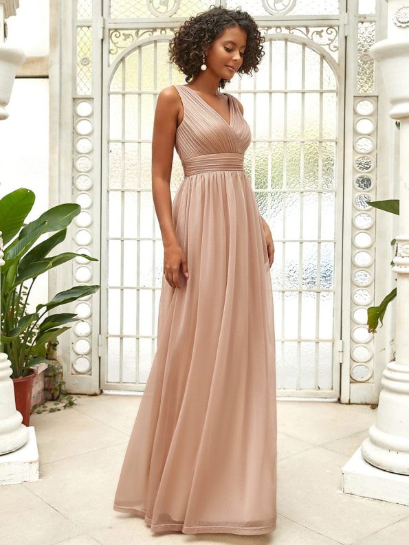 Double V Neck Floor Length Sparkly Evening Dresses for Party - Rose Gold