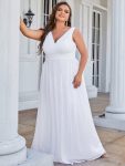 Double V Neck Maxi Long Plus Size Sparkly Evening Dresses for Party – White