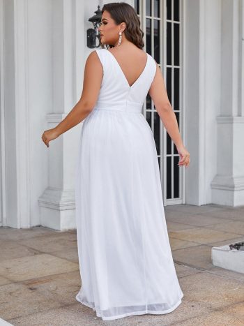 Double V Neck Maxi Long Plus Size Sparkly Evening Dresses for Party - White