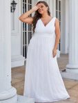 Double V Neck Maxi Long Plus Size Sparkly Evening Dresses for Party – White