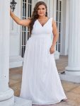 Double V Neck Maxi Long Plus Size Sparkly Evening Dresses for Party – White