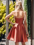 Satin Spaghetti Strap A-Line Backless Short Homecoming Dress – Burnt Orange