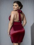 Short Open-Back Tie-Neck Halter Satin Bodycon Homecoming Dress – Burgundy