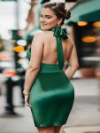 Short Open-Back Tie-Neck Halter Satin Bodycon Homecoming Dress – Dark Green