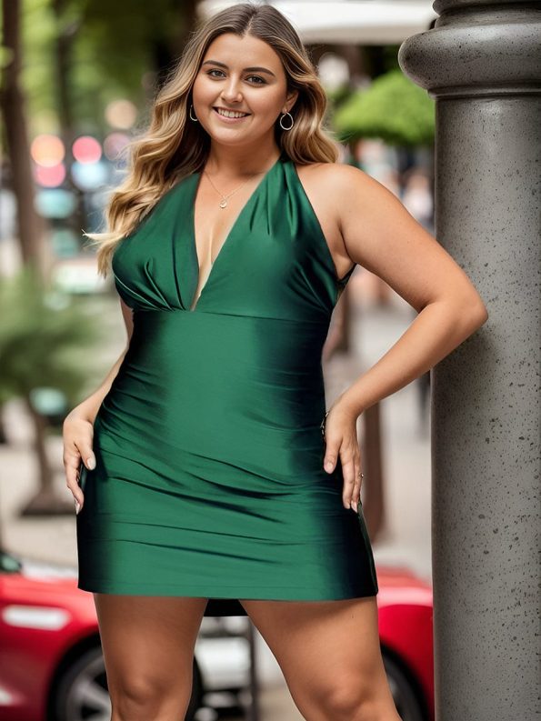 Short Open-Back Tie-Neck Halter Satin Bodycon Homecoming Dress - Dark Green