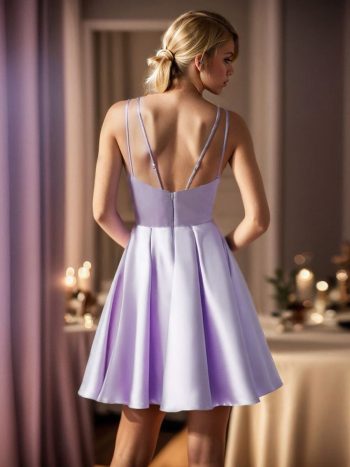 Pleated Satin A-Line Double Spaghetti Strap V-Neck Homecoming Dress - Lavender