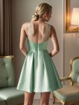 Pleated Satin A-Line Double Spaghetti Strap V-Neck Homecoming Dress – Sage Green