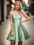 Pleated Satin A-Line Double Spaghetti Strap V-Neck Homecoming Dress - Sage Green