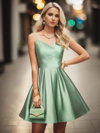 Pleated Satin A-Line Double Spaghetti Strap V-Neck Homecoming Dress - Sage Green