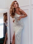 Fancy One Shoulder Sequin Long Evening Dress – Champagne