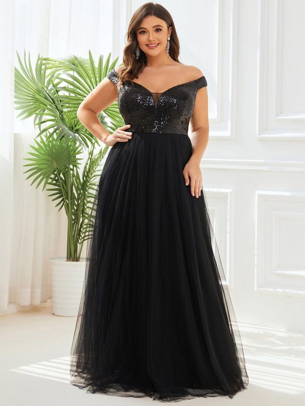 Plus Size Long Sequin Special Occasion Dresses - Black