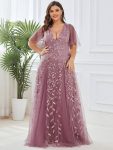 Shimmery V Neck Ruffle Sleeves Sequin Maxi Long Evening Dress – Purple Orchid