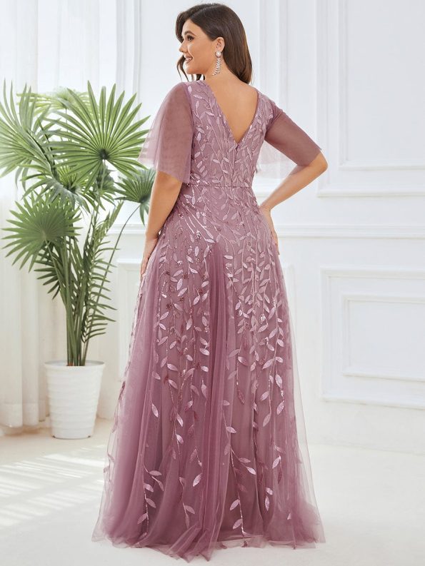 Shimmery V Neck Ruffle Sleeves Sequin Maxi Long Evening Dress - Purple Orchid