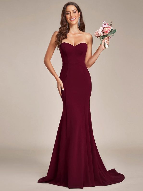 Simple Strapless Mermaid Eloping Dress for Wedding - Burgundy