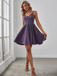 Fancy Shiny Deep V Neck Knee Length Prom Dress – Dark Purple