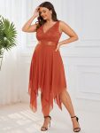 Plus Size Stunning V Neck Prom Lace Dress for Women – Burnt Orange