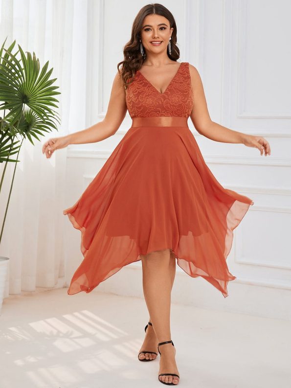 Plus Size Stunning V Neck Prom Lace Dress for Women - Burnt Orange