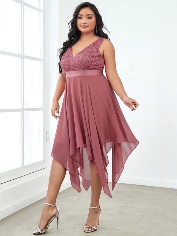 Plus Size Stunning V Neck Prom Lace Dress for Women - Cameo Brown