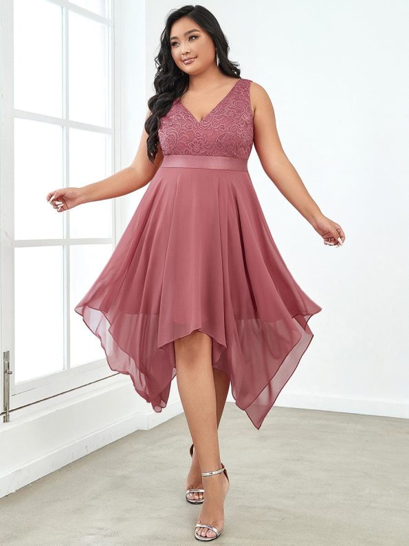 Plus Size Stunning V Neck Prom Lace Dress for Women - Cameo Brown