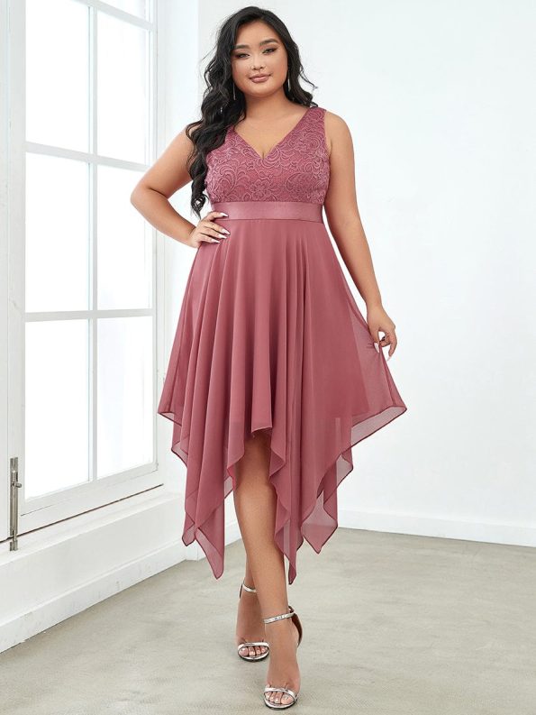 Plus Size Stunning V Neck Prom Lace Dress for Women - Cameo Brown