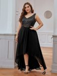 Elegant Paillette & Chiffon V-neck A-line Sleeveless Plus Size Formal Evening Dresses – Black