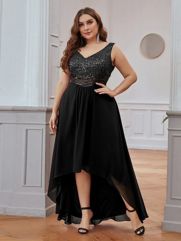 Elegant Paillette & Chiffon V-neck A-line Sleeveless Plus Size Formal Evening Dresses - Black