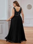 Elegant Paillette & Chiffon V-neck A-line Sleeveless Plus Size Formal Evening Dresses – Black