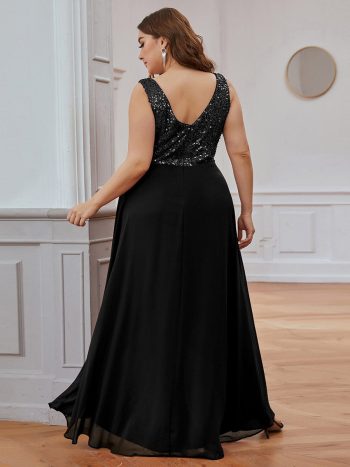 Elegant Paillette & Chiffon V-neck A-line Sleeveless Plus Size Formal Evening Dresses - Black