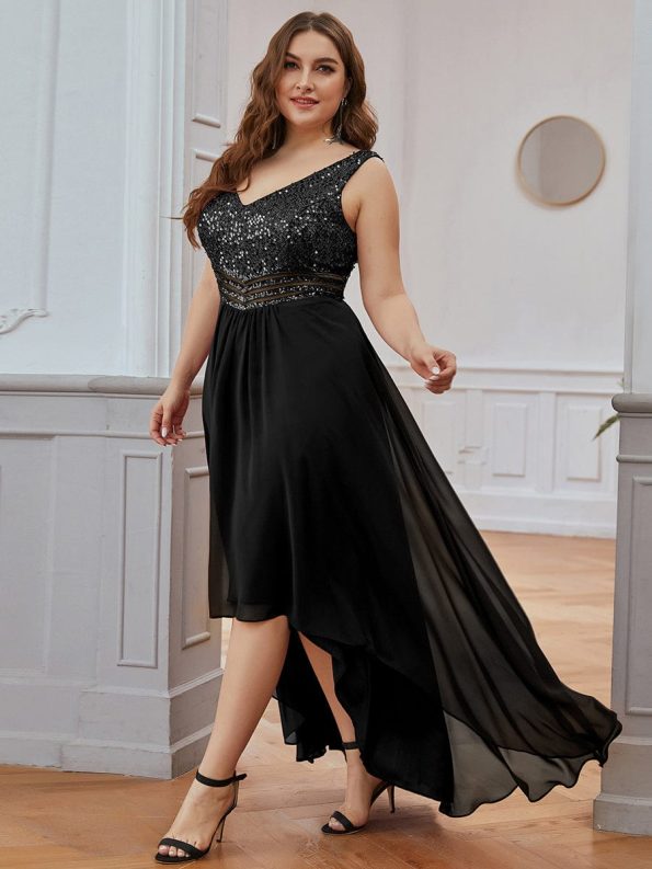 Elegant Paillette & Chiffon V-neck A-line Sleeveless Plus Size Formal Evening Dresses - Black