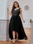 Elegant Paillette & Chiffon V-neck A-line Sleeveless Plus Size Formal Evening Dresses – Black