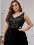 Elegant Paillette & Chiffon V-neck A-line Sleeveless Plus Size Formal Evening Dresses – Black