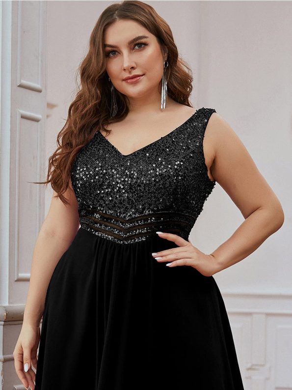 Elegant Paillette & Chiffon V-neck A-line Sleeveless Plus Size Formal Evening Dresses - Black