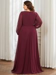 Elegant Chiffon V-Neckline Long Sleeve Formal Evening Dress – Burgundy