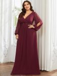 Elegant Chiffon V-Neckline Long Sleeve Formal Evening Dress – Burgundy