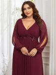 Elegant Chiffon V-Neckline Long Sleeve Formal Evening Dress – Burgundy