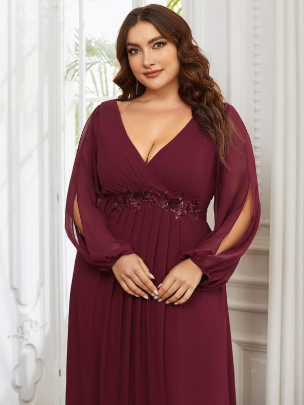 Elegant Chiffon V-Neckline Long Sleeve Formal Evening Dress - Burgundy