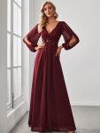 Elegant Chiffon V-Neckline Long Sleeve Formal Evening Dress – Burgundy