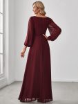 Elegant Chiffon V-Neckline Long Sleeve Formal Evening Dress – Burgundy