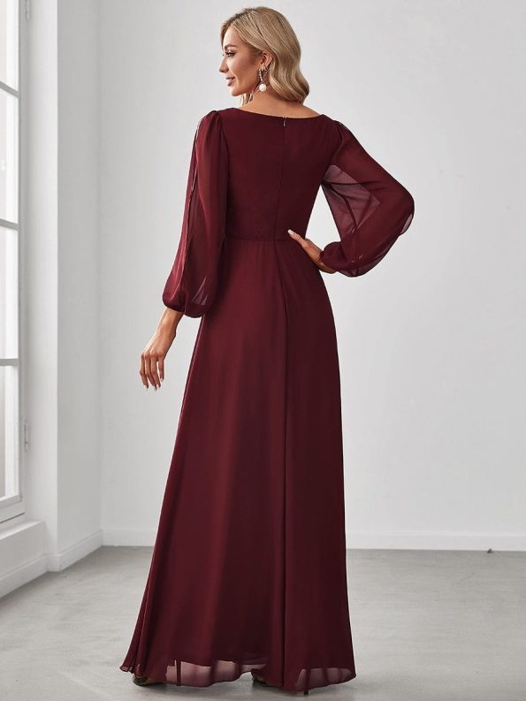 Elegant Chiffon V-Neckline Long Sleeve Formal Evening Dress - Burgundy