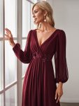 Elegant Chiffon V-Neckline Long Sleeve Formal Evening Dress – Burgundy