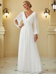 Elegant Chiffon V-Neckline Long Sleeve Formal Evening Dress - Cream