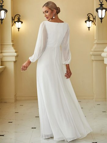 Elegant Chiffon V-Neckline Long Sleeve Formal Evening Dress - Cream